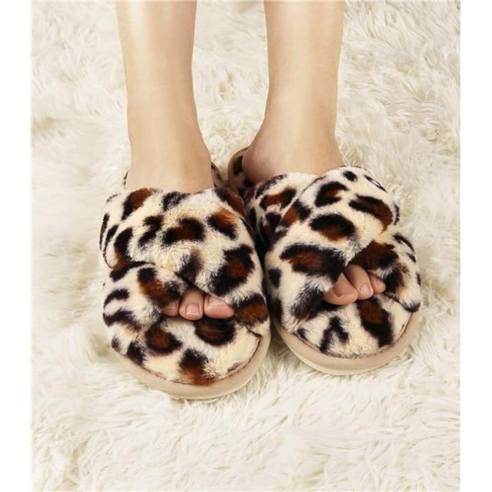 Women's Fuzzy Memory Foam Slippers Cross Band Cozy Open Toe Slide Slipper - Picture 6 of 7